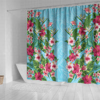 Hawaii Tropical Flowers Shower Curtain Sky Blue Polynesian Tattoo Art