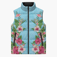 Hawaii Tropical Flowers Sleeveless Puffer Jacket Sky Blue Polynesian Tattoo Art