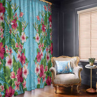 Hawaii Tropical Flowers Window Curtain Sky Blue Polynesian Tattoo Art