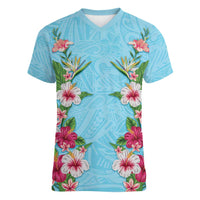 Hawaii Tropical Flowers Women V-Neck T-Shirt Sky Blue Polynesian Tattoo Art LT05 Female Blue - Polynesian Pride