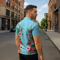 Hawaii Tropical Flowers Zipper Polo Shirt Sky Blue Polynesian Tattoo Art
