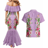 Hawaii Tropical Flowers Couples Matching Mermaid Dress and Hawaiian Shirt Lavender Polynesian Tattoo Art LT05 - Polynesian Pride