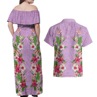 Hawaii Tropical Flowers Couples Matching Off Shoulder Maxi Dress and Hawaiian Shirt Lavender Polynesian Tattoo Art LT05 - Polynesian Pride