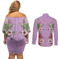 Hawaii Tropical Flowers Couples Matching Off Shoulder Short Dress and Long Sleeve Button Shirt Lavender Polynesian Tattoo Art LT05 - Polynesian Pride