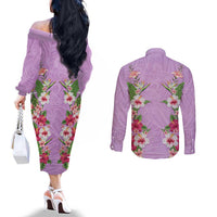 Hawaii Tropical Flowers Couples Matching Off The Shoulder Long Sleeve Dress and Long Sleeve Button Shirt Lavender Polynesian Tattoo Art LT05 - Polynesian Pride