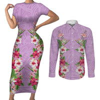 Hawaii Tropical Flowers Couples Matching Short Sleeve Bodycon Dress and Long Sleeve Button Shirt Lavender Polynesian Tattoo Art LT05 Lavender - Polynesian Pride