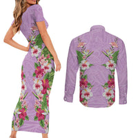 Hawaii Tropical Flowers Couples Matching Short Sleeve Bodycon Dress and Long Sleeve Button Shirt Lavender Polynesian Tattoo Art LT05 - Polynesian Pride