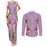 Hawaii Tropical Flowers Couples Matching Tank Maxi Dress and Long Sleeve Button Shirt Lavender Polynesian Tattoo Art LT05 Lavender - Polynesian Pride