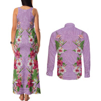 Hawaii Tropical Flowers Couples Matching Tank Maxi Dress and Long Sleeve Button Shirt Lavender Polynesian Tattoo Art LT05 - Polynesian Pride
