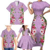 Hawaii Tropical Flowers Family Matching Short Sleeve Bodycon Dress and Hawaiian Shirt Lavender Polynesian Tattoo Art LT05 - Polynesian Pride
