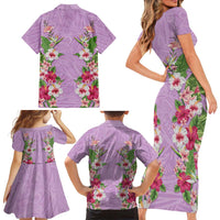 Hawaii Tropical Flowers Family Matching Short Sleeve Bodycon Dress and Hawaiian Shirt Lavender Polynesian Tattoo Art LT05 - Polynesian Pride
