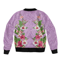 Hawaii Tropical Flowers Sleeve Zip Bomber Jacket Lavender Polynesian Tattoo Art