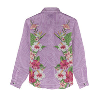 Hawaii Tropical Flowers Women Casual Shirt Lavender Polynesian Tattoo Art