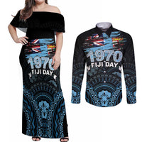 Personalised Happy Fiji Day 1970 Couples Matching Off Shoulder Maxi Dress and Long Sleeve Button Shirt Flag Grunge Style LT05 Black - Polynesian Pride