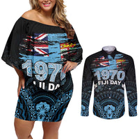 Personalised Happy Fiji Day 1970 Couples Matching Off Shoulder Short Dress and Long Sleeve Button Shirt Flag Grunge Style LT05 Black - Polynesian Pride