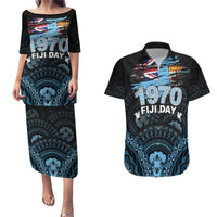 Personalised Happy Fiji Day 1970 Couples Matching Puletasi and Hawaiian Shirt Flag Grunge Style LT05 Black - Polynesian Pride