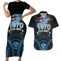 Personalised Happy Fiji Day 1970 Couples Matching Short Sleeve Bodycon Dress and Hawaiian Shirt Flag Grunge Style LT05 Black - Polynesian Pride