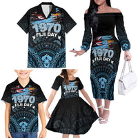Personalised Happy Fiji Day 1970 Family Matching Off The Shoulder Long Sleeve Dress and Hawaiian Shirt Flag Grunge Style LT05 - Polynesian Pride