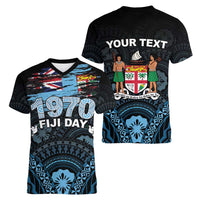 Personalised Happy Fiji Day 1970 Women V-Neck T-Shirt Flag Grunge Style LT05 - Polynesian Pride