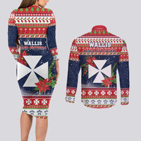 Wallis and Futuna Christmas Couples Matching Long Sleeve Bodycon Dress and Long Sleeve Button Shirt Poinsettia Joyeux Noel LT05 - Polynesian Pride