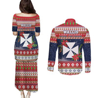 Wallis and Futuna Christmas Couples Matching Puletasi and Long Sleeve Button Shirt Poinsettia Joyeux Noel LT05 - Polynesian Pride