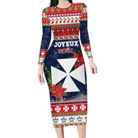 Wallis and Futuna Christmas Long Sleeve Bodycon Dress Poinsettia Joyeux Noel LT05 Long Dress Red - Polynesian Pride