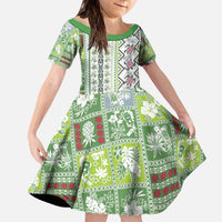 Hawaii Makahiki Turtle Family Matching Off The Shoulder Long Sleeve Dress and Hawaiian Shirt Green Tapa Pattern LT05 Daughter's Dress Green - Polynesian Pride