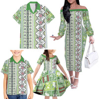 Hawaii Makahiki Turtle Family Matching Off The Shoulder Long Sleeve Dress and Hawaiian Shirt Green Tapa Pattern LT05 - Polynesian Pride