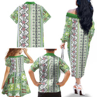 Hawaii Makahiki Turtle Family Matching Off The Shoulder Long Sleeve Dress and Hawaiian Shirt Green Tapa Pattern LT05 - Polynesian Pride