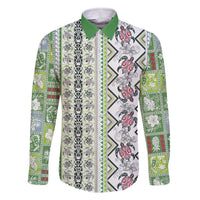 Hawaii Makahiki Turtle Family Matching Off The Shoulder Long Sleeve Dress and Hawaiian Shirt Green Tapa Pattern LT05 Dad's Shirt - Long Sleeve Green - Polynesian Pride