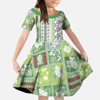 Hawaii Makahiki Turtle Family Matching Off Shoulder Maxi Dress and Hawaiian Shirt Green Tapa Pattern LT05 Daughter's Dress Green - Polynesian Pride