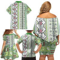 Hawaii Makahiki Turtle Family Matching Off Shoulder Short Dress and Hawaiian Shirt Green Tapa Pattern LT05 - Polynesian Pride