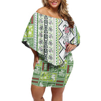 Hawaii Makahiki Turtle Family Matching Off Shoulder Short Dress and Hawaiian Shirt Green Tapa Pattern LT05 Mom's Dress Green - Polynesian Pride