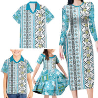 Hawaii Makahiki Turtle Family Matching Long Sleeve Bodycon Dress and Hawaiian Shirt Blue Tapa Pattern LT05 - Polynesian Pride