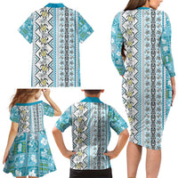 Hawaii Makahiki Turtle Family Matching Long Sleeve Bodycon Dress and Hawaiian Shirt Blue Tapa Pattern LT05 - Polynesian Pride
