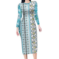 Hawaii Makahiki Turtle Family Matching Long Sleeve Bodycon Dress and Hawaiian Shirt Blue Tapa Pattern LT05 Mom's Dress Blue - Polynesian Pride