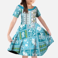 Hawaii Makahiki Turtle Family Matching Off The Shoulder Long Sleeve Dress and Hawaiian Shirt Blue Tapa Pattern LT05 Daughter's Dress Blue - Polynesian Pride