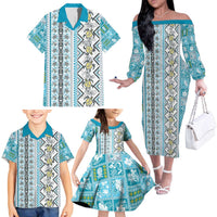 Hawaii Makahiki Turtle Family Matching Off The Shoulder Long Sleeve Dress and Hawaiian Shirt Blue Tapa Pattern LT05 - Polynesian Pride