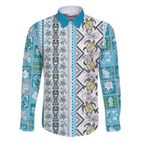 Hawaii Makahiki Turtle Family Matching Short Sleeve Bodycon Dress and Hawaiian Shirt Blue Tapa Pattern LT05 Dad's Shirt - Long Sleeve Blue - Polynesian Pride