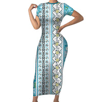 Hawaii Makahiki Turtle Family Matching Short Sleeve Bodycon Dress and Hawaiian Shirt Blue Tapa Pattern LT05 Mom's Dress Blue - Polynesian Pride