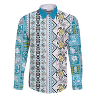 Hawaii Makahiki Turtle Family Matching Tank Maxi Dress and Hawaiian Shirt Blue Tapa Pattern LT05 Dad's Shirt - Long Sleeve Blue - Polynesian Pride