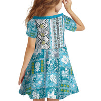 Hawaii Makahiki Turtle Kid Short Sleeve Dress Blue Tapa Pattern - Polynesian Pride