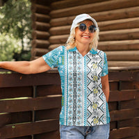 Hawaii Makahiki Turtle Women Polo Shirt Blue Tapa Pattern - Polynesian Pride