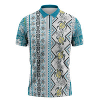 Hawaii Makahiki Turtle Zipper Polo Shirt Blue Tapa Pattern - Polynesian Pride