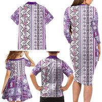Hawaii Makahiki Turtle Family Matching Long Sleeve Bodycon Dress and Hawaiian Shirt Violet Tapa Pattern LT05 - Polynesian Pride