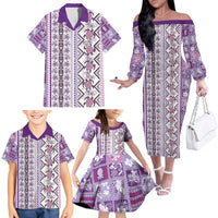 Hawaii Makahiki Turtle Family Matching Off The Shoulder Long Sleeve Dress and Hawaiian Shirt Violet Tapa Pattern LT05 - Polynesian Pride