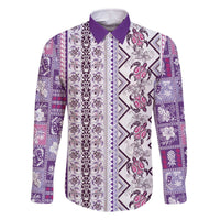 Hawaii Makahiki Turtle Family Matching Off The Shoulder Long Sleeve Dress and Hawaiian Shirt Violet Tapa Pattern LT05 Dad's Shirt - Long Sleeve Violet - Polynesian Pride