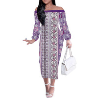 Hawaii Makahiki Turtle Family Matching Off The Shoulder Long Sleeve Dress and Hawaiian Shirt Violet Tapa Pattern LT05 Mom's Dress Violet - Polynesian Pride