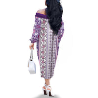 Hawaii Makahiki Turtle Family Matching Off The Shoulder Long Sleeve Dress and Hawaiian Shirt Violet Tapa Pattern LT05 - Polynesian Pride