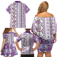 Hawaii Makahiki Turtle Family Matching Off Shoulder Short Dress and Hawaiian Shirt Violet Tapa Pattern LT05 - Polynesian Pride